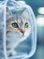Calm Cat in Transparent Travel Carrier Waiting at Veterinary Clinic With Blurred Background photo