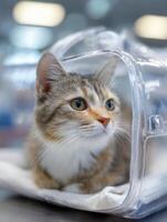Calm Cat Resting in Transparent Carrier at Clinic, Enjoying a Peaceful Moment During Vet Visit photo
