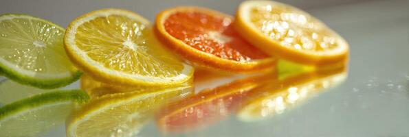 Bright Citrus Slices Arranged on a Glass Table With Light Reflection Creating a Vibrant, Fresh Atmosphere Suitable for a Sunny Day photo