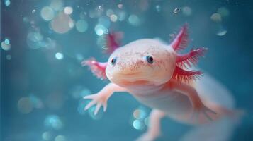 Beautiful Axolotl Swimming Gracefully in a Clean Aquatic Environment Filled With Light Bubbles photo