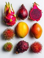 Colorful Collection of Exotic Fruits Including Dragonfruit, Rambutan, and Mango on a White Background Showcasing Their Vibrant Textures and Colors photo