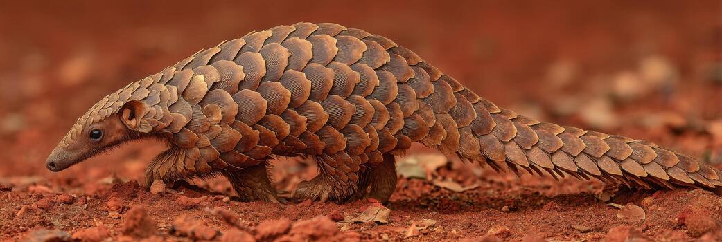 Indian Pangolin Walking on Reddish Soil With a Minimal Background, Showcasing Its Unique Scales and Form During a Sunny Day in the Wild photo