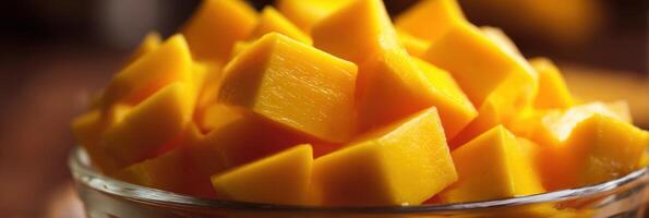 Delicious Mango Cubes Glowing Under Soft Warm Light in a Cozy Setting, Perfect for Snacking or Adding to Dishes photo