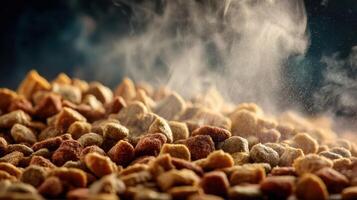 Closeup of Fresh Pet Food Exuding Steam in a Softly Blurred Background With Clear Details on the Right Side photo