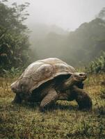Galapagos Tortoise Walking Through Lush Grass With Jungle Haze in the Background During a Peaceful Moment in the Natural Habitat photo