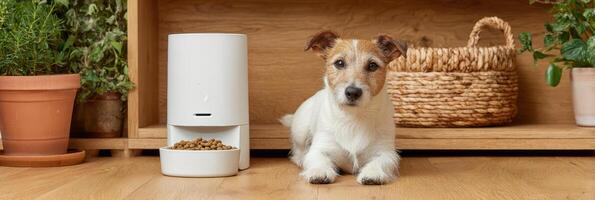 Small Dog Patiently Waits by Automatic Food Dispenser in Cozy Indoor Setting During the Morning Hours photo