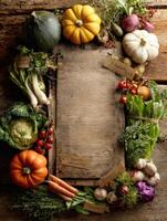 Rustic Table Adorned With Autumn Vegetables and Hand-Cut Labels Showcasing a Seasonal Harvest Display photo