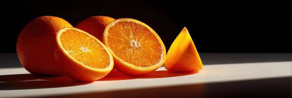Sliced Oranges Showcase Vibrant Colors and Textures With Dramatic Shadows in a Clean, Top-Lit Setting photo