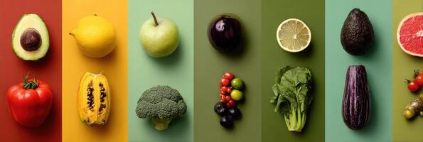 Colorful Arrangement of Fresh Fruits and Vegetables in a Healthy Grid Layout Highlighting Nutrition and Variety in Food Choices photo