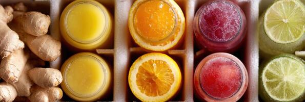 Fridge Stocked With Natural Cold Remedies Including Ginger Shots and Citrus Fruits for a Healthy Boost During Cold Season photo