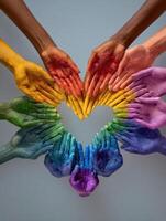 Diverse Hands Creating a Rainbow Heart Symbolizing Pride and Inclusivity in a Vibrant and Colorful Display photo