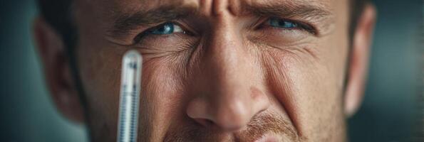Close-up of a Person Showing Facial Expression of Sinus Pressure With Thermometer Overlay Indicating Discomfort photo