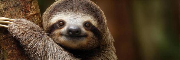 Close-up View of a Sloth Hugging a Tree Branch in a Warm Rainforest Setting With Plenty of Room for Text, Showcasing the Beauty of Nature photo