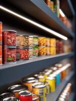 Colorful Canned Food Lineup Illuminated With Backlight Glow on a Well-Stocked Shelf photo