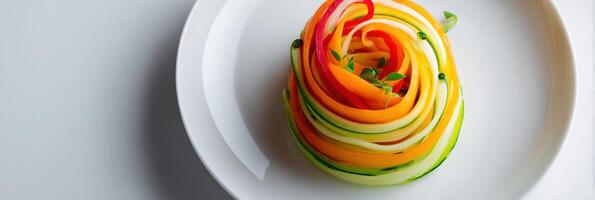 Colorful Veggie Spiral on White Plate Showcasing a Clean Minimal Aesthetic With Ample Empty Space photo