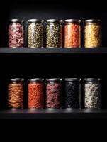 High Contrast Showcase of Canned Pet Food on Dark Shelf Highlighting Colors and Textures photo