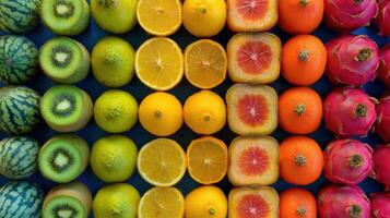 Colorful Fruit Arrangement Showcasing Beautiful Hues in Fruit Selection on a Blue Background photo