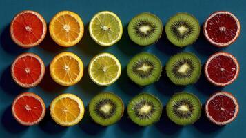 Fruits Arranged by Color in a Vibrant Pattern Showcasing Variety and Freshness photo