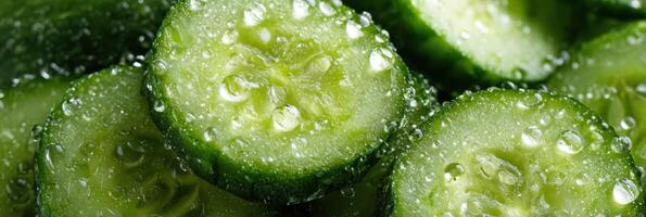 Fresh-cut Cucumber Slices With Water Droplets Showcasing Vibrant Green Tones in a Clean Arrangement photo
