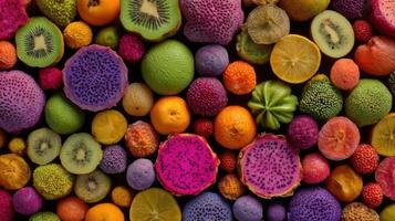 Color-matching Display of Vibrant Fruits Arranged by Hue With an Open Top Revealing a Bright Assortment, Showcasing Natures Diversity and Beauty photo