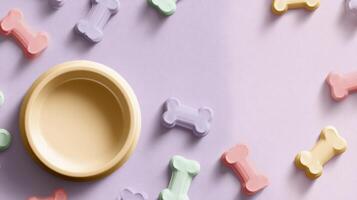 Pet Brand Mockup Banner Featuring Pastel Bowls and Bone Shapes on a Soft Background, Showcasing Colorful Pet Accessories in a Playful Layout photo