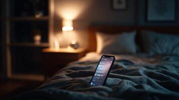Glowing Social Media App on Nightstand in Dark Bedroom Creates a Cozy Evening Atmosphere photo