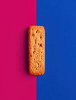 Colorful Pet Treat Advertisement Featuring a Biscuit on a Bold Pink and Blue Background photo