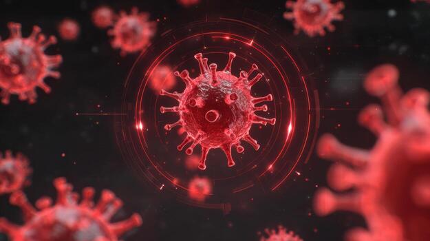 Digital Animation Showcasing Virus Multiplication With Red Alert Overlay and Clear Top Section Indicating Active Cellular Processes photo