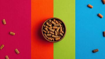 Pet Treat Bowl Displayed Against a Vibrant Colored Background Showcasing an Appetizing Array for Your Furry Friend photo