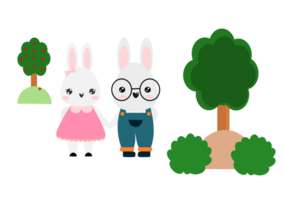 Couple of rabbits in the garden in drawing art. png