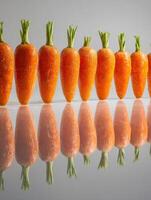 Vertical Arrangement of Fresh Carrots Reflecting on a Mirrored Surface With a Clean Background and Vibrant Colors photo