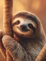 Sloth Embracing a Tree Branch in the Warm Tones of a Rainforest, Showcasing Its Calm Demeanor and Gentle Nature photo