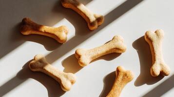Dog Bone Treats Arranged in a Flat Lay Under Natural Sunlight With Diagonal Shadows Creating a Warm and Inviting Atmosphere photo