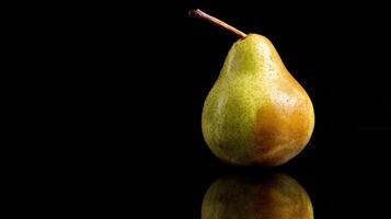 Single Pear Resting on Reflective Black Glass With Dramatic Lighting for Captivating Visual Impact photo