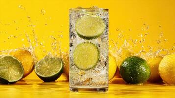 Sparkling Lemon Soda With Fresh Citrus Slices Stands out Against a Vibrant Backdrop in a Modern Food Advertisement photo