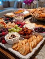Variety of Snacks Beautifully Arranged on a Platter for a Delightful Gathering at a Cozy Home Setting in the Evening photo