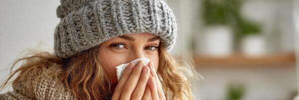 Woman Wearing Warm Knitted Hat Indoors Blowing Her Nose With a Tissue During a Cold Winter Day photo