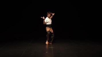 A dancer performing on stage, wearing traditional attire with a modern twist. The stage is dimly lit, focusing on the dancer's expressive movements and posture. video