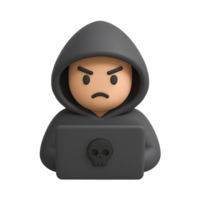 Hooded hacker character with skull laptop png