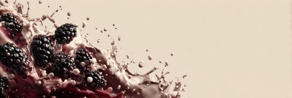 Realistic Blackberry Splash Captured in Mid-Air Against a Minimal Beige Background Highlighting Dynamic Movement and Texture photo