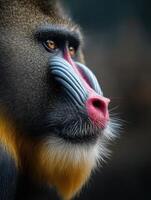 Mandrill Stares Into the Distance With Vibrant Facial Colors Surrounded by a Blurred Tropical Jungle Backdrop photo