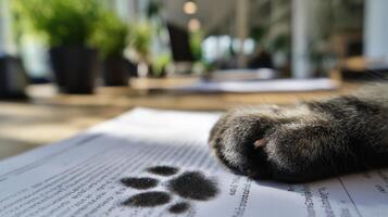 Cat Paw Print on Paperwork With Clean Desk Background Creating a Unique Work Atmosphere photo