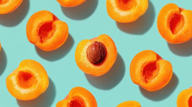 Peach and Apricot Halves Create a Colorful and Vibrant Seamless Pattern With a Section Left Untouched for Contrast photo
