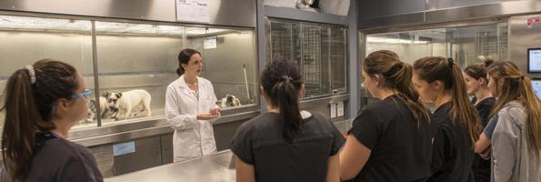 Vet Lectures Students in Animal Care Lab About Proper Techniques and Care for Animals During Hands-On Training Session photo