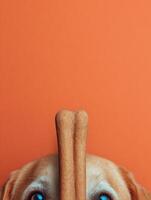 Bold Colored Background Showcases a Delightful Pet Treat Held Just Above the Curious Gaze of a Dog, Highlighting Its Anticipation for a Tasty Reward photo