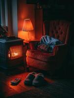 Cozy Indoors With Warm Light, a Comfortable Chair, and Slippers by the Heater on a Chilly Evening photo