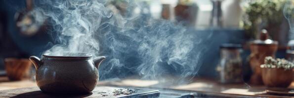 Cozy Kitchen With Steaming Herbal Tea Pot Creating a Warm Atmosphere in Curated Space for Relaxation and Comfort photo