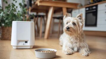 Small Breed Dog Patiently Awaits Its Meal Near an Automatic Food Dispenser in a Cozy Home Setting photo