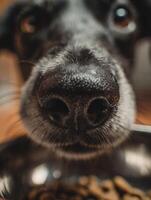 Dog Snout Extends Toward Food Bowl With Soft Background Creating Depth of Field and Focus on the Eager Canine photo