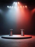 Political Debate Stage Highlighted by Bright Spotlights in a Spacious and Empty Venue Preparing for an Important Discussion Event photo